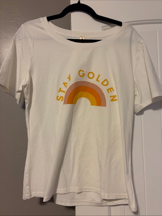 lara Tops - LARA White Tee with Golden Rainbow Graphic